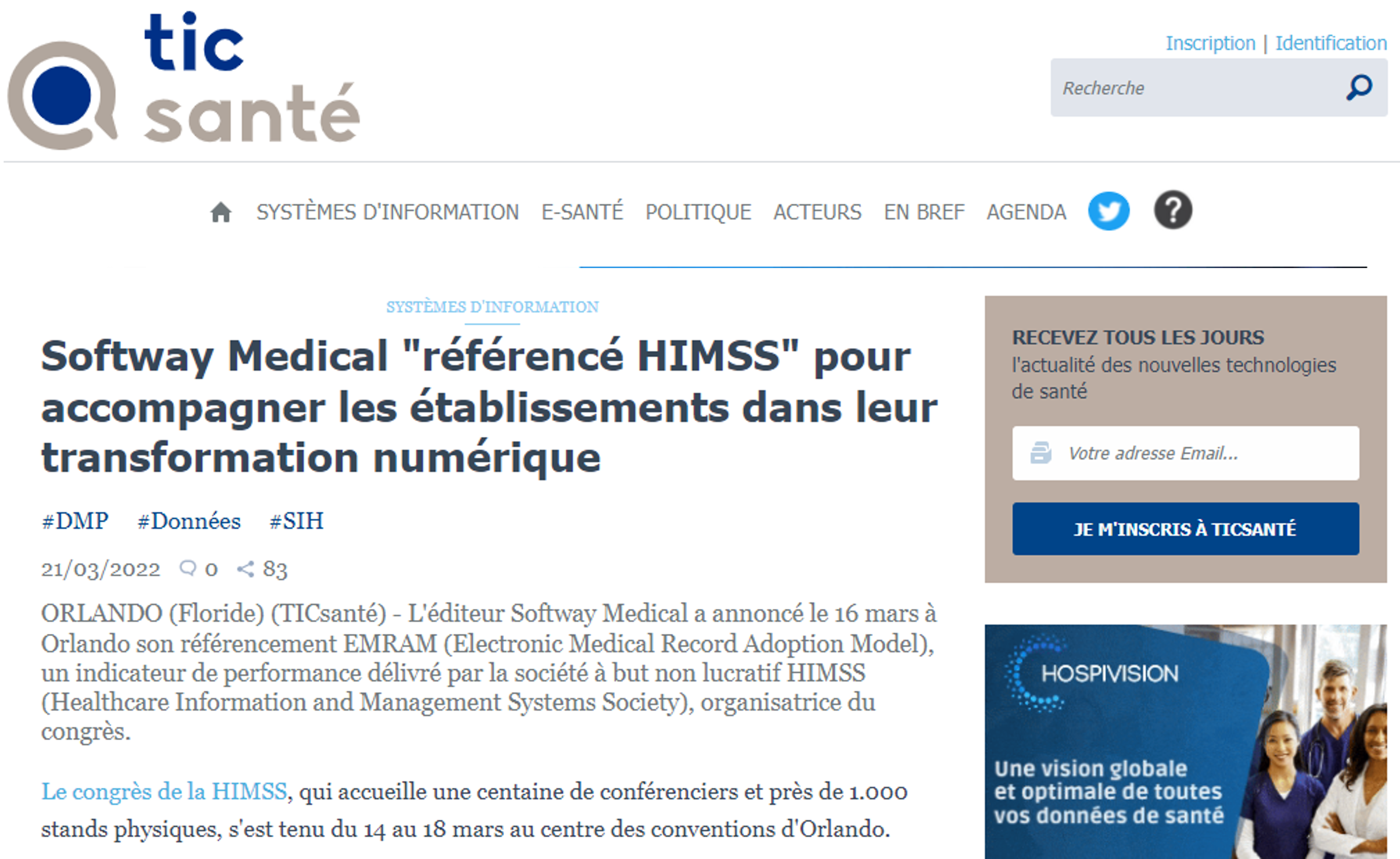 Tic Santé : Softway Medical référencé HIMSS